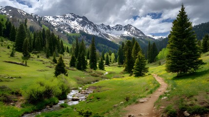 Fototapeta premium Explore scenic mountain trail with snow capped peaks and lush green meadows for outdoor adventure travel
