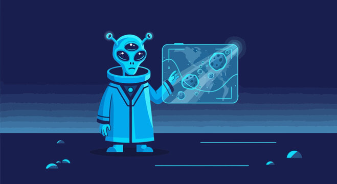 Alien Scientist Examining Asteroid Trajectory with Futuristic Tablet Illustration
