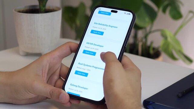 Close-up of hands actively applying for IT jobs on smartphone - watches confirmation notification appear after submitting application. Perfect for career websites, recruitment ads, or tech employment