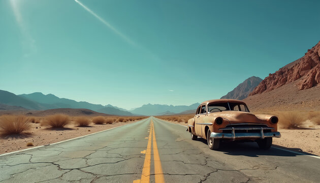 Weathered vintage car abandoned on remote desert road under clear blue sky. Cracked asphalt stretches towards vast horizon with mountains in distance. Dry earth, sparse vegetation flank empty - Powered by Adobe