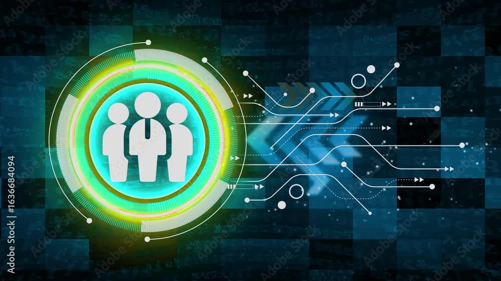 Poster glowing neon teamwork icon. global team work concept animation. animation of network of connections 