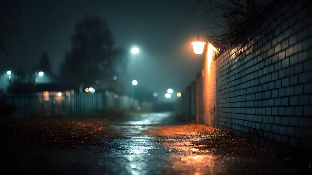 Dimly lit alley at night with a single overhead lamp casting diffused light on the damp ground