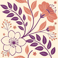 Modern Floral Vector Illustration with Purple and Coral Flowers – Decorative Botanical Artwork