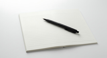 Naklejka premium Minimalist Workspace: Black Pen Resting on an Open Notebook with Lined Pages on a Clean White Background