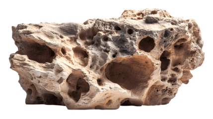 Large rocky sandstone with natural holes on white background