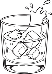 Line art illustration of a glass with bourbon and ice cubes, sty