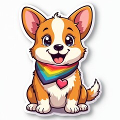 Fototapeta premium Cute corgi puppy sticker design featuring playful cartoon character wearing rainbow bandana, pink heart emblem. Adorable artwork perfect for kids, pet lovers, adds cheerful, vibrant flair to design