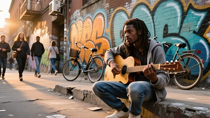 A young man with dreadlocks plays an acoustic guitar on a city street curb, with a brick wall and graffiti in the background and people walking by.