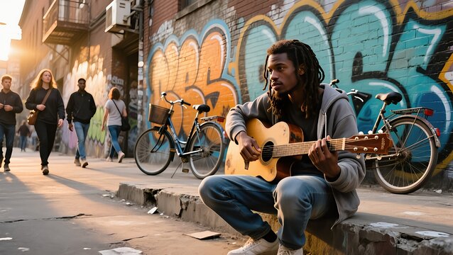 A young man with dreadlocks plays an acoustic guitar on a city street curb, with a brick wall and graffiti in the background and people walking by.