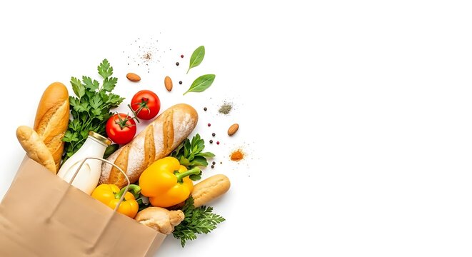 Fresh groceries spilling out of a brown paper bag isolated on white background