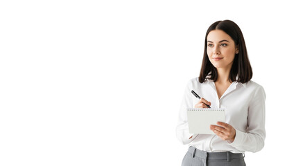 Brünette Frau – Notizblock und Stift, transparenter Hintergrund, PNG