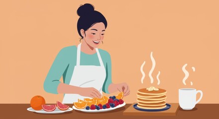 Happy woman prepares pancakes with oranges and blueberries and enjoys a hot coffee on a cozy morning
