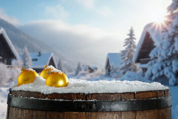 Snow-covered empty copy space for product placement. Mockup and blurred background of snowy...