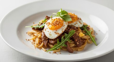 Pasta dish with fried eggs and arugula isolated on white background