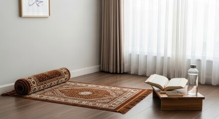 A serene prayer setting with a rug, book, and water bottle near a window