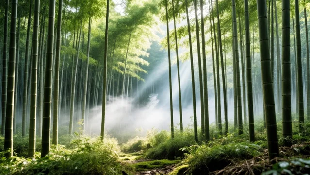 Misty Green Bamboo Forest with Natural Light and Shadows