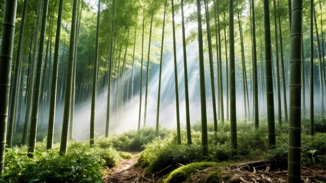 Tall Bamboo Stalks in Peaceful Forest with Soft Sunlight