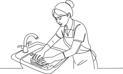 Line art illustration of a woman doing dishes in the kitchen sin