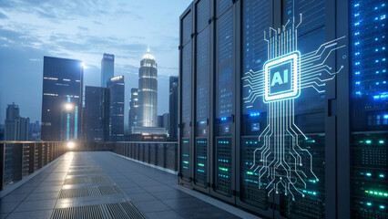 Ai server data center with city skyline in background