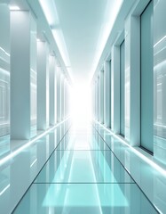 Obraz premium Futuristic AI data center interior with sleek white design, expansive glass floors, soft ambient lighting. Clean, minimalist architecture offers high technology, cyber innovation, seamless