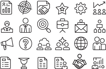 Fototapeta premium Diverse Business Icon Set Collection Outline Vector Illustration Depicting Teamwork Success Growth Analysis Target Global Communication and Leadership Development for Corporate and Startup Projects