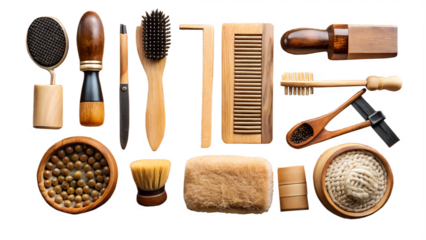 Collection of personal grooming and hygiene tools including brushes, comb, soap, and sponge, isolated on transparent background