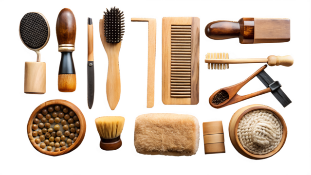 Collection of personal grooming and hygiene tools including brushes, comb, soap, and sponge, isolated on transparent background