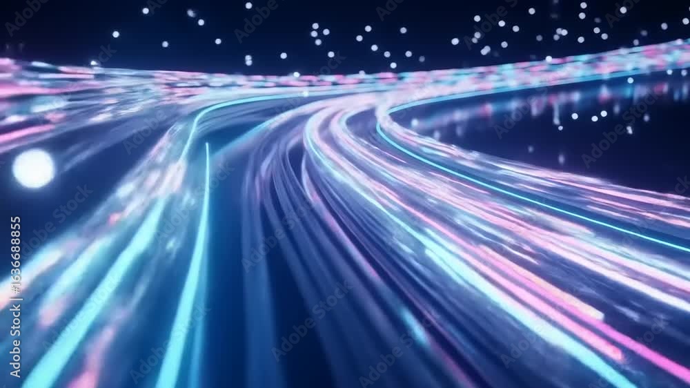 Poster generated futuristic background of glowing light streaks moving along a data stream path.