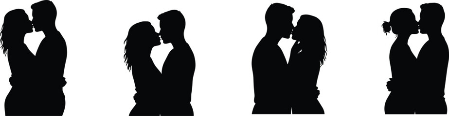 Couple kissing silhouette, romantic embrace, black and white illustration, love moment, minimalist art, intimate pose, vector design, emotional connection