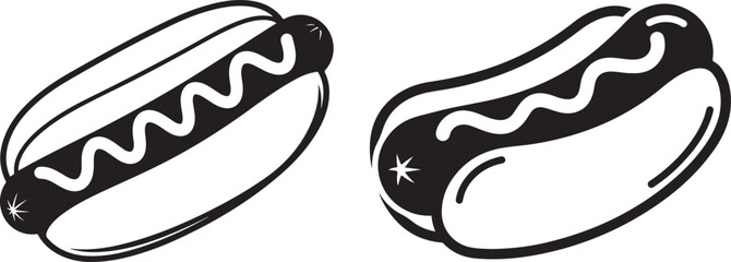 Black and white hot dog illustration, isolated on white background