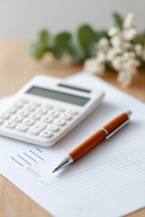 Calculator rests on clean paper with stylish pen and fresh flowe