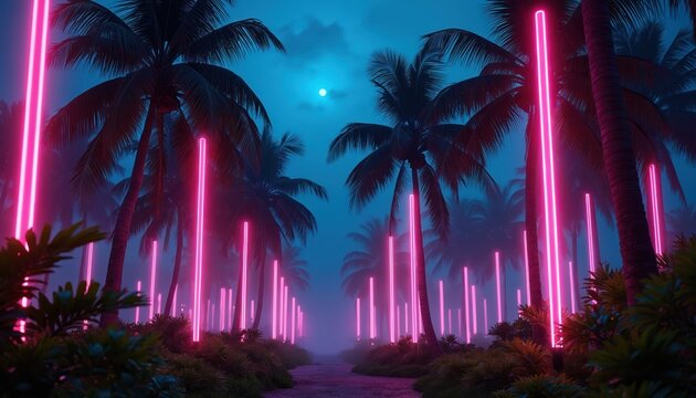 Retro 80s style illustration of tropical island at night. Neon pink lights illuminate palm trees, rich foliage under moody blue sky. Futuristic, vibrant, glowing scene creates exotic, surreal