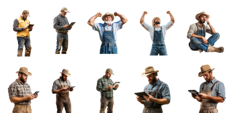 Collection of Farmer uses GPS technology to navigate fields, optimizing crop planting and harvest routes. full length isolate on transparent background