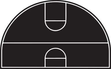 Black Silhouette of Half Basketball Court Layout with Markings, Isolated on White Background