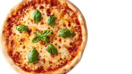 Margherita pizza top view with cheese and basil on a white background