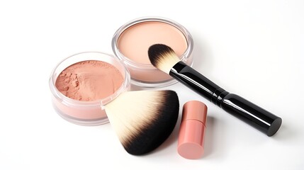 A natural makeup set with a clear lip balm, organic foundation, makeup sponge, and a brow pencil, placed neatly on a white background. Full frame .