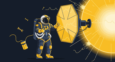 Astronaut Giving Thumbs Up Near A Futuristic Satellite In Deep Outer Space