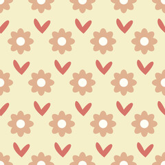 Pattern with simple cute pink flowers and hearts, arranged geometrically correctly, hand drawn, in pastel colors. Universal vector illustration for fabric, covers, paper, etc.