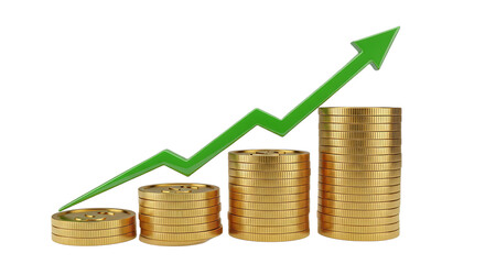 Visual Representation of Financial Growth Through Stacked Gold Coins and Upward Trending Green Arrow Illustrating Positive Economic Performance