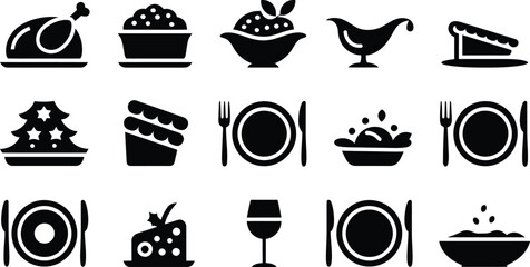 Modern Black and White Festive Food Icons:  Thanksgiving, Christmas, and Holiday Meal Graphics.