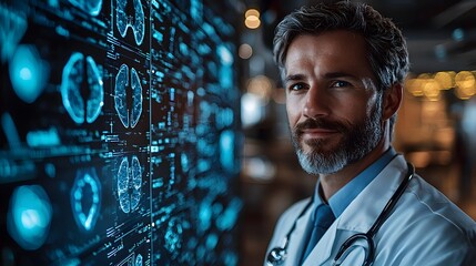 Futuristic doctor examining digital medical interface