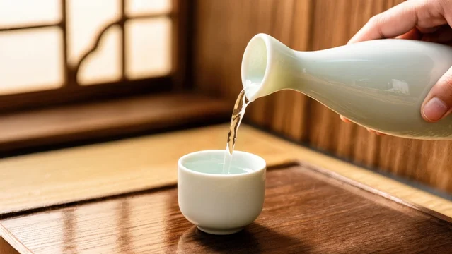 Close-Up of Sake Being Served in Classic Japanese Style