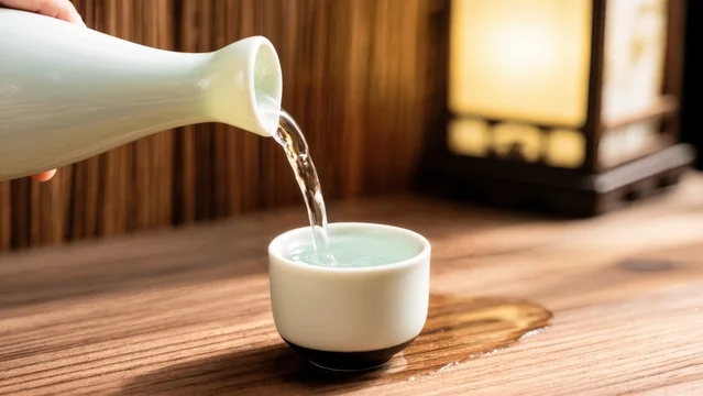 Warm Toned Japanese Scene with Ceramic Cup Filled with Sake