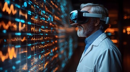 A man in virtual reality analyzing medical data