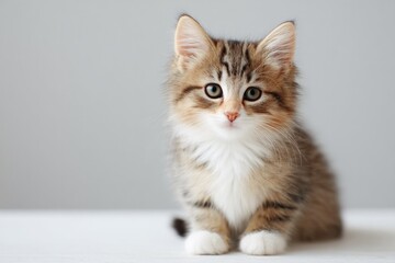 Obraz premium Fluffy kitten with captivating eyes poses on clean surface, radi