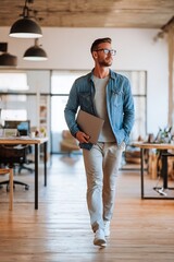 Entrepreneur walking laptop in creative workspace startup leadership energy casual business lifestyle