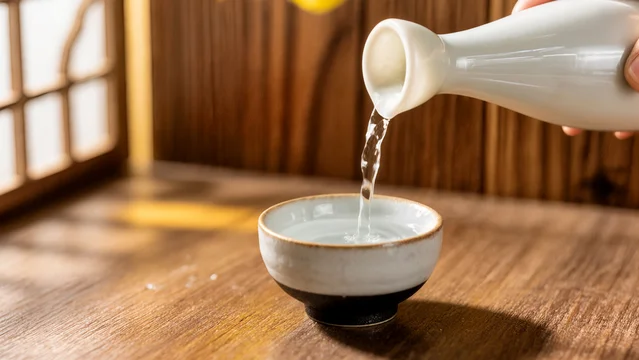 Traditional Sake Pouring into Ceramic Cup with Warm Wooden Ambience