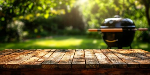 Obraz premium The allure of summer: empty wooden table complementing a barbecue grill and garden.