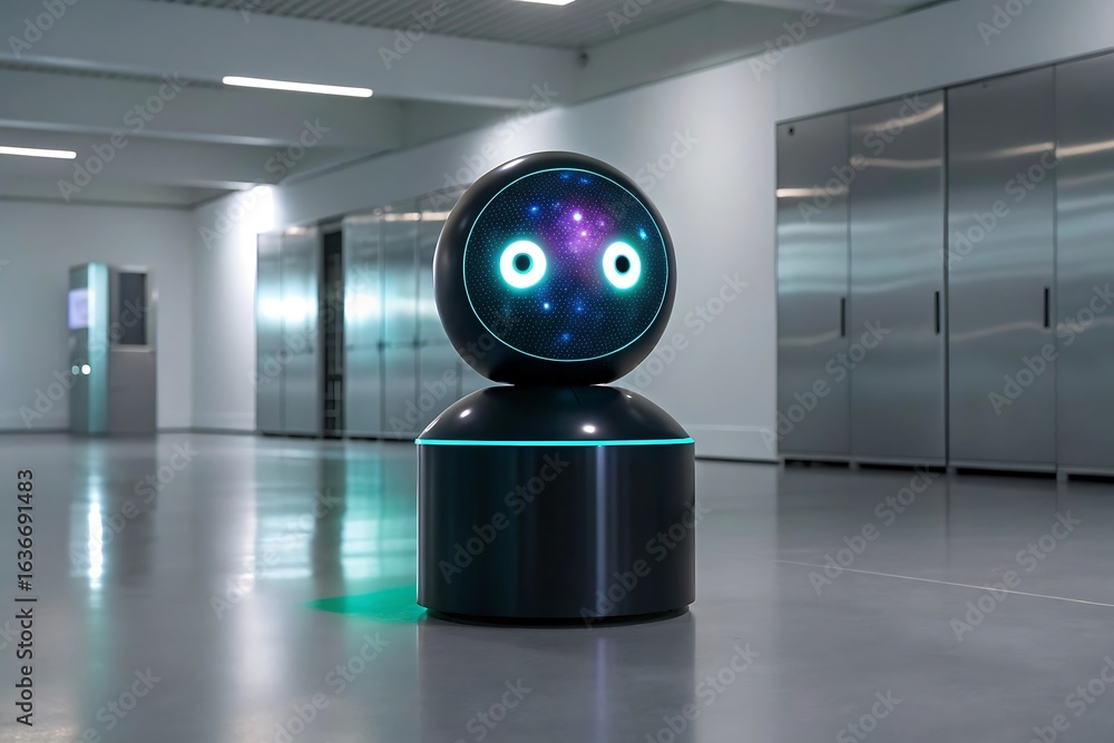 Poster a modern robot with glowing eyes and a spherical head stands in a spacious hall, symbolizing the fut