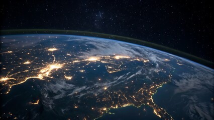 Fototapeta premium Earth at Night Seen from Space: City Lights and Atmosphere Glow against Starry Backdrop.